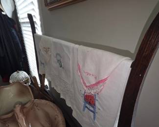 Embroidered Linen Handkerchiefs with Monogram, Figural Scene, and Floral Motifs