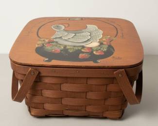 Hand-Painted Wooden Sewing Basket with Chicken and Strawberry Motif