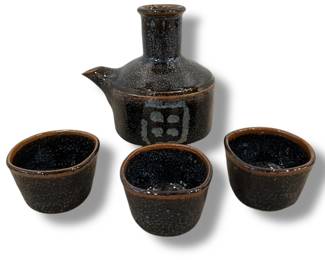 Raku Stoneware Sake Bottle and Cups