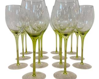 Mid Century Green Stemware Wine Glasses, 14 Pcs.