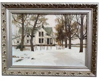 Winter Farmhouse Scene Acrylic Painting on Masonite