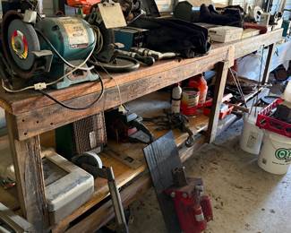 Shop table with various tools