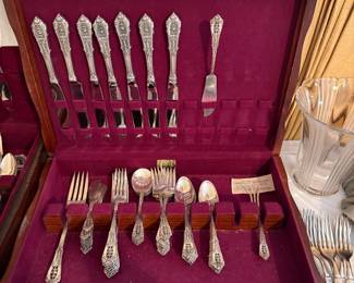 Sterling flatware set in box. Rose Point by Wallace