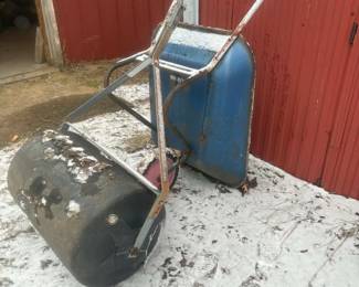 turf roller, wheelbarrow