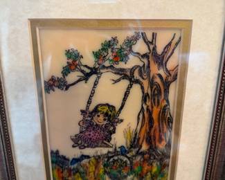 Vtg Hand Painted Etching by Sarinson "Girl on Swing"
