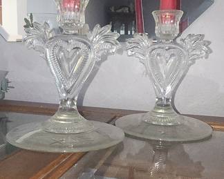 Paden City "Luli Heart" Etched Glass Candlesticks (Pair)