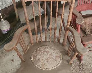 Antique Oak Spindle Back Rocking Chair with Carved Top Rail and Scenic Upholstery