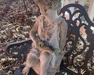 Vintage Child Reading Statue on Cast Iron Bench