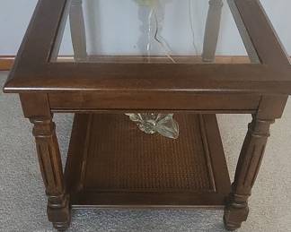 Vintage Glass Top End Table with Cane Shelf