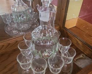Vintage Hand-Painted Floral Decanter and Cordial Glass Set