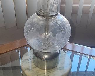 Vintage Etched Crystal and Marble Table Lamp