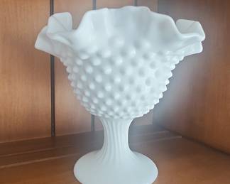 White Hobnail Fenton Glass Compote Dish