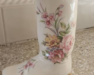 Vintage Porcelain Boot Vase with Pink Roses and Gold Trim