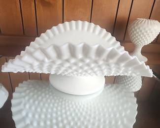 Fenton White Hobnail Milk Glass Banana Boat with Ruffled Edge