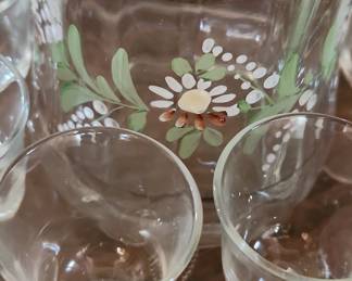 Vintage Hand-Painted Floral Decanter and Cordial Glass Set
