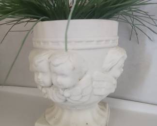 White Ceramic Urn Planter with Cherub Faces