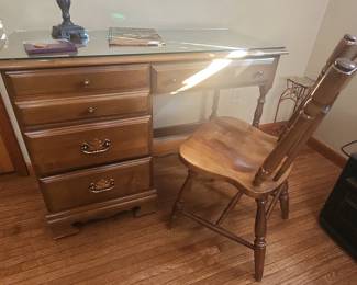Vintage Maple Writing Desk with Glass Top and Matching Chair