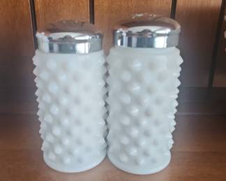 Fenton Hobnail Milk Glass Salt and Pepper Shakers with Silver-Plated Lids