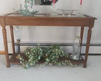 Vintage Oak Console Table with Glass Top and Turned Legs