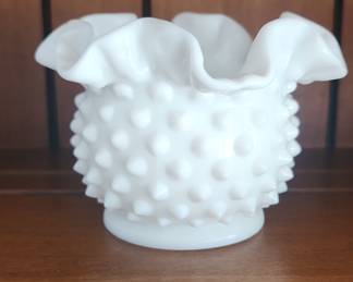 White Hobnail Fenton Art Glass Vase with Ruffled Rim