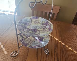 Two-Tiered Metal and Glass Dessert Stand with Grape and Wine Motif