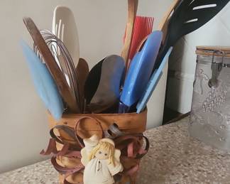 Woven Basket Utensil Holder with Angel Figurine
