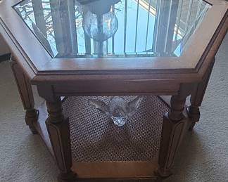 Vintage  Hexagonal End Table with Glass Top and Cane Shelf