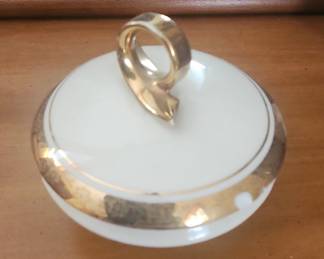 Vintage Porcelain Sugar Bowl Lid with Gold Trim and Handle