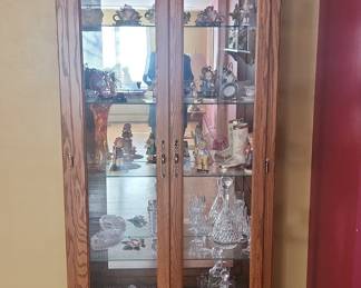 Oak Curio Cabinet with Glass Doors and Shelves