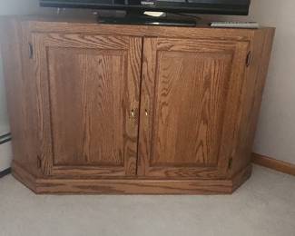 Solid Oak Corner TV Stand with Cabinet and Drawer