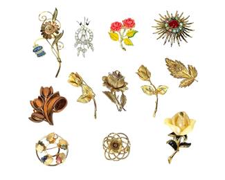 12 Vintage Brooches Pins: Eggert Sterling, Renoir, Sarah Coventry, Floral Styles