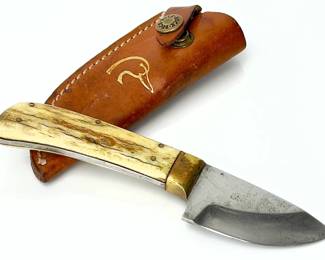 Vintage Custom Fixed Blade Skinner Knife, Bone Handle, Ducks Unlimited Sheath