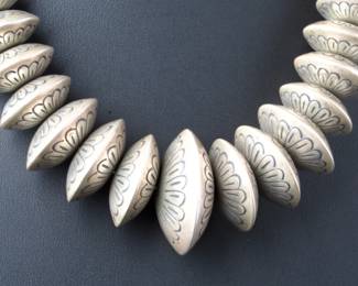 Navajo Native American Hand Stamped Graduated Disc Bead Sterling Silver Necklace