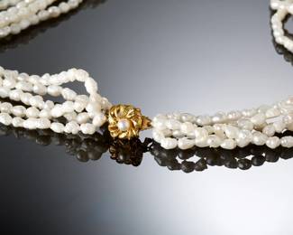 Elegant 5-Strand Freshwater Pearl Necklace with Ornate Gold-Tone Clasp, 18in