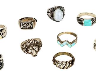 Vintage Sterling. &Costume Ring Lot (9 Pcs) - Turquoise, Opal, Lion Head