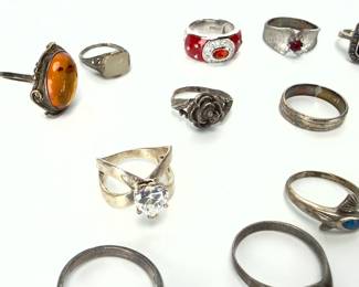 Lot of 14 Vintage Rings: Sterling Silver & Costume Jewelry Assortment
