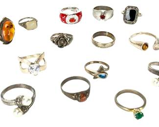 Lot of 14 Vintage Rings: Sterling Silver & COSTUME Jewelry Assortment