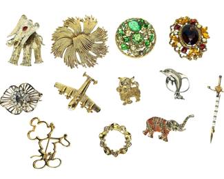 Vintage Brooch Lot: Monet, Beau Sterling, Figural & Rhinestone Pins (12 Pcs)