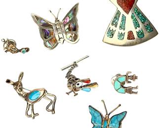 Vintage Southwest Sterling Mexico Brooches Pins Tie Tacks Lot of 7, 36.54g