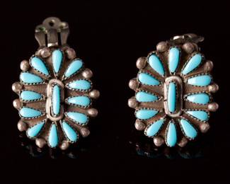 Vintage Zuni Petit Point Turquoise Cluster Clip-On Earrings Sterling Silver