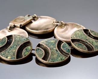 Vintage Mexican Silver & Stone Inlay Bracelet - FCS Plata 925 Modernist