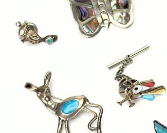 Vintage Southwest Sterling Mexico Brooches Pins Tie Tacks Lot of 7, 36.54g