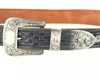 Vintage Sterling Silver Western Ranger Set Buckle & Tooled Leather Belt