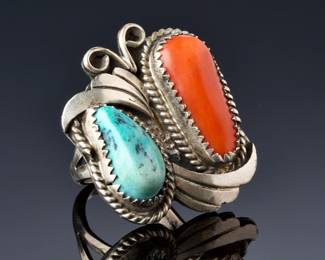 Vintage Navajo Sterling Silver Turquoise Coral Ring Size 6, 12.04g