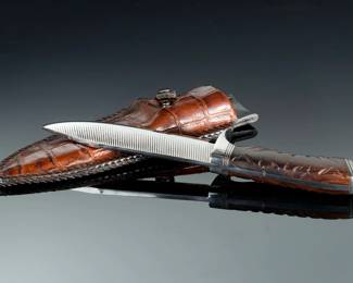 Custom Hunting Knife w/ Unique Textured Blade, Exotic Wood Handle & Alligator Sheath