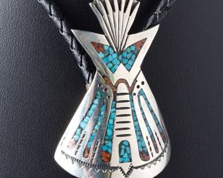 Vintage Native American Turquoise Coral Chip INLAY TeePee Bolo Tie