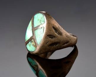 Vintage Native American Turquoise Inlay Ring, Handmade Sterling Silver, Size 7.25