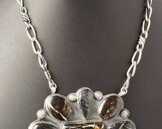 Navajo Boyd J. Ashley Sterling Silver Black Web Turquoise Necklace 146.05g