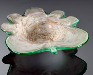 Mid-Century Modern Gold Fleck studio Art Glass Leaf Dish Bowl