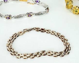 Sterling Silver Bracelet Collection: Gemstone, Enamel, Amber, Greek Key, 87.47g